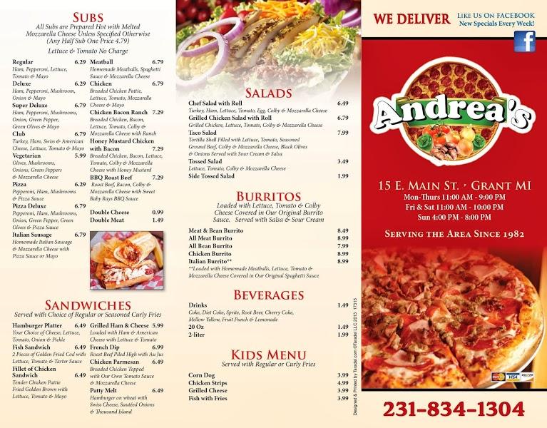 Menu at Andreas Pizza & Italian RestaurantGrant, Grant