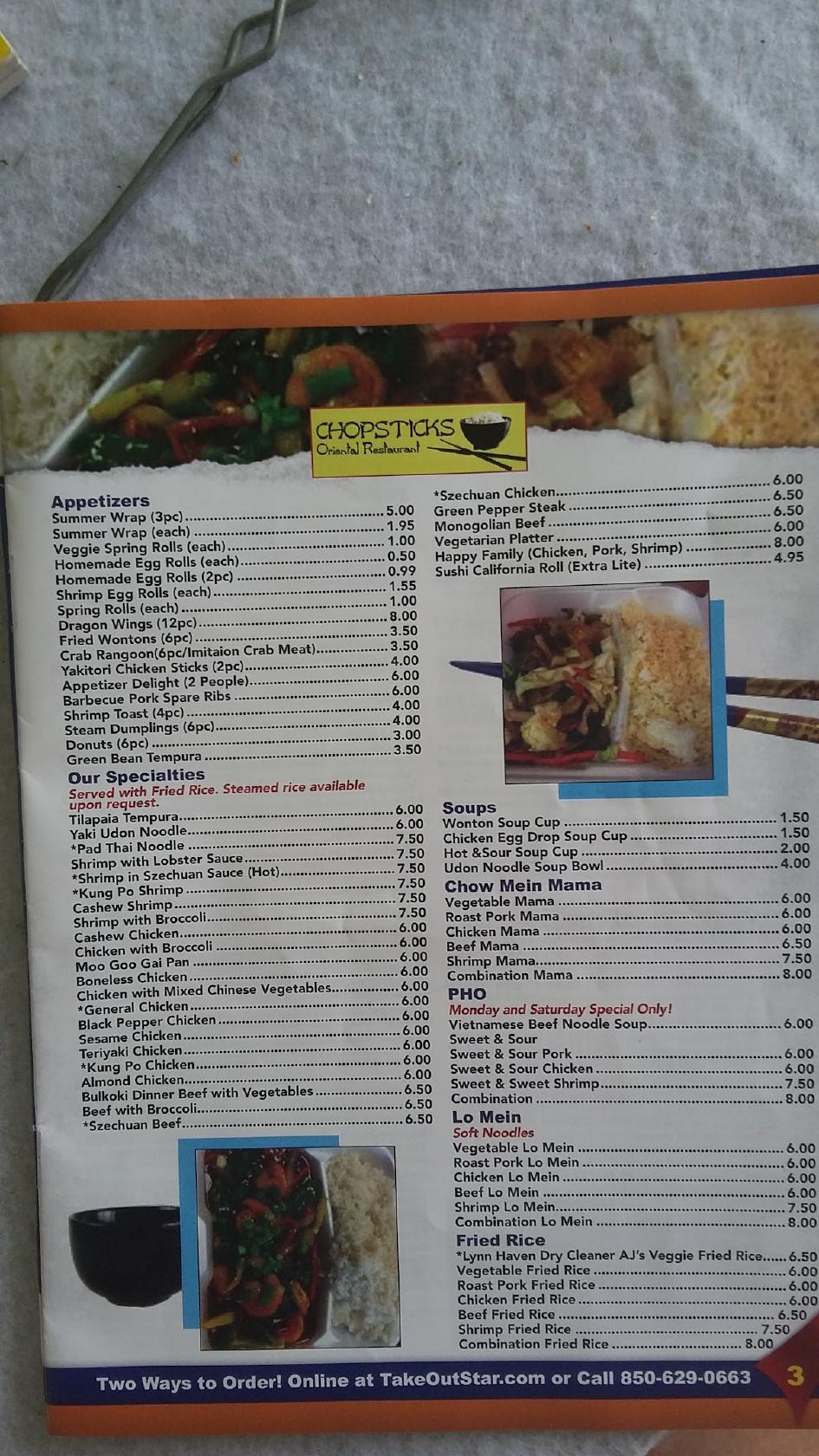 Menu at Chopsticks Oriental Restaurant, Lynn Haven