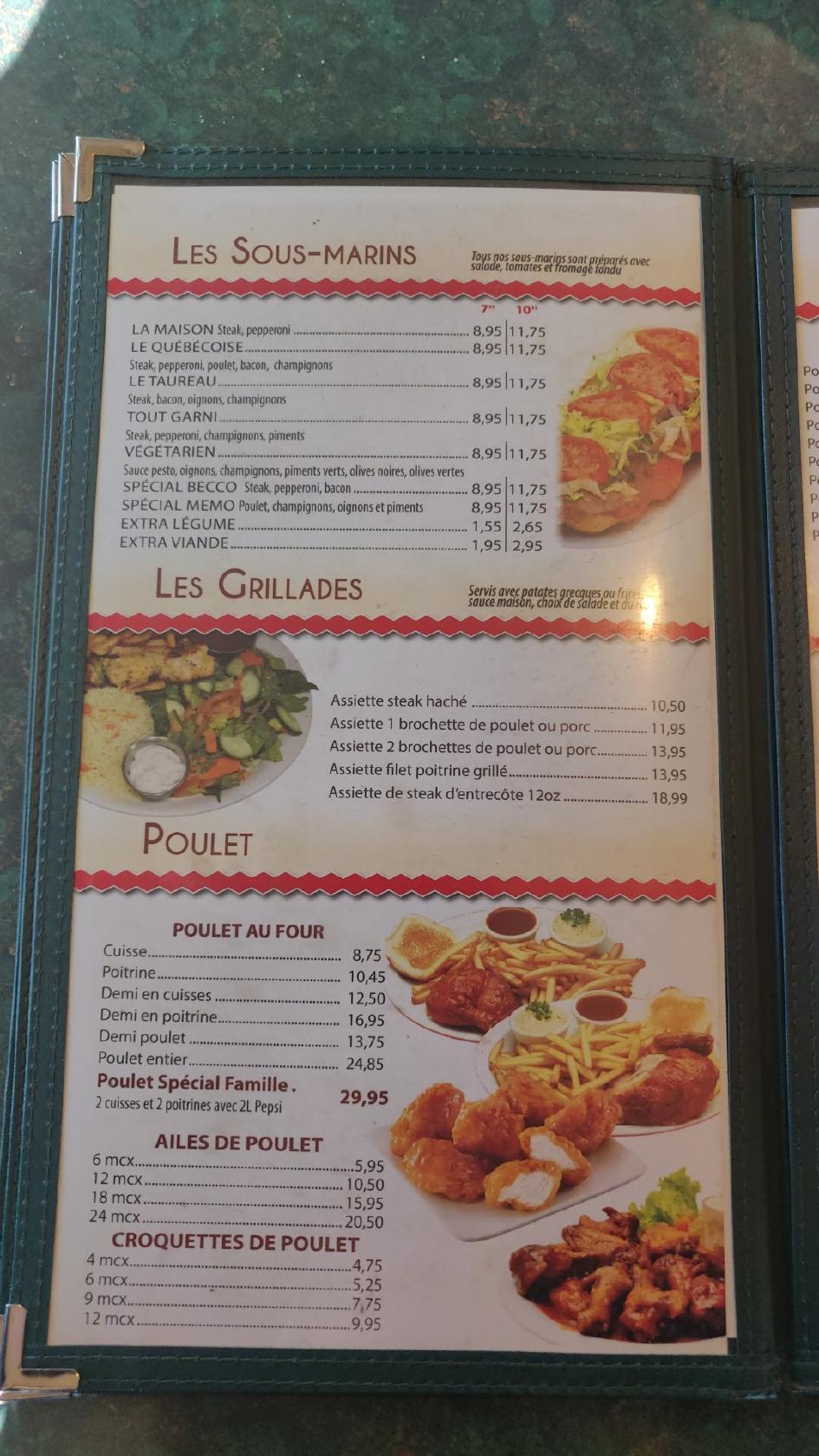 Menu au Restaurant beccoExcellence, Acton Vale