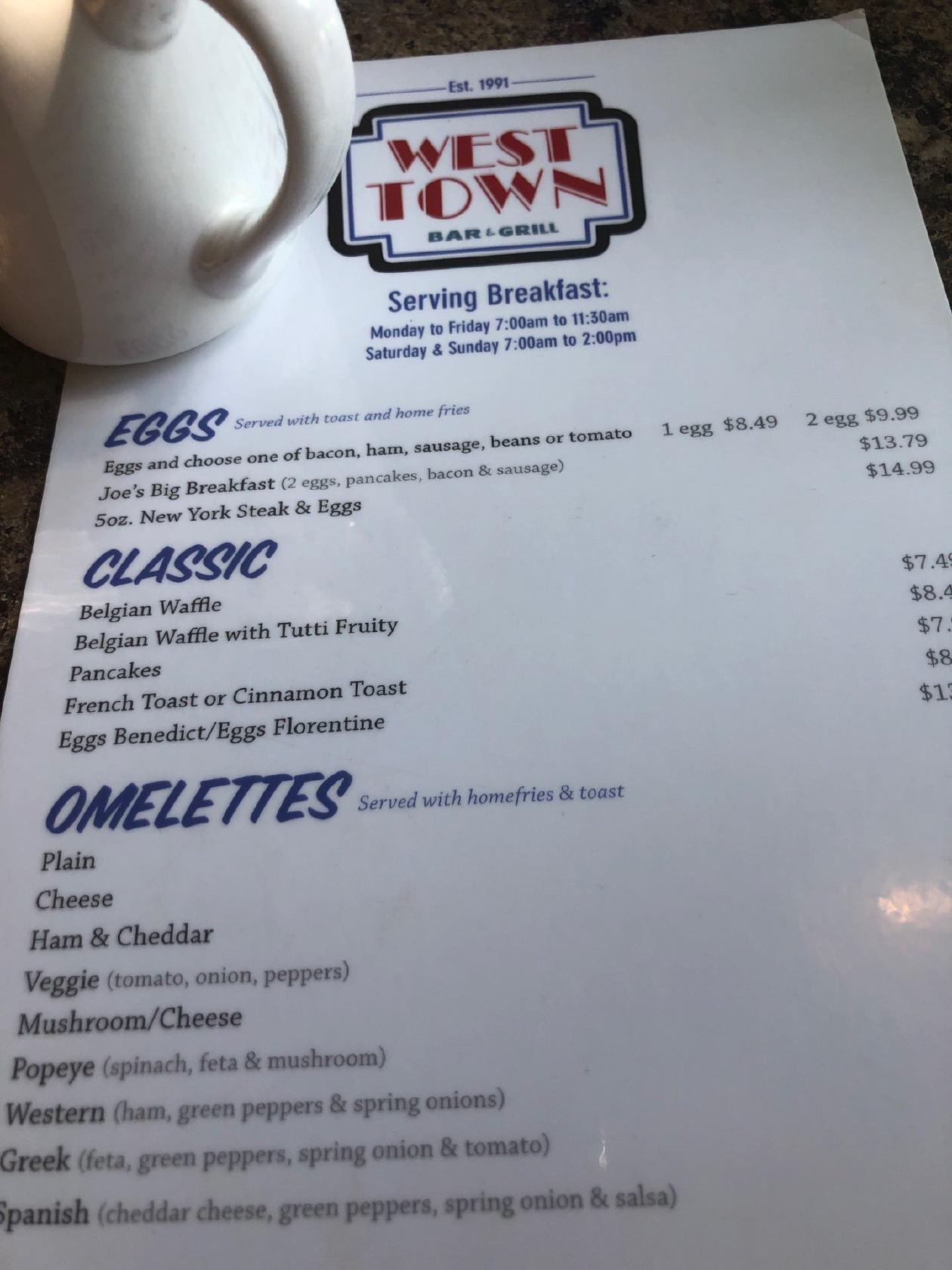 Menu at West Town Bar & Grill, Hamilton