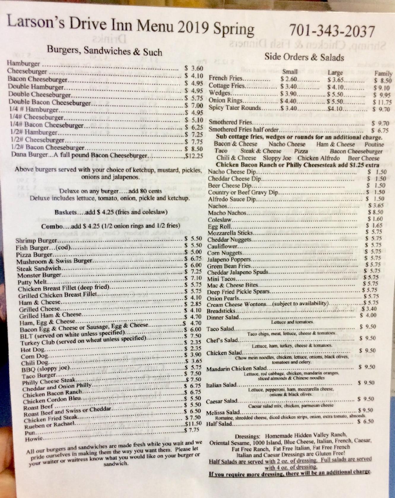 Menu at Larson's DriveInn restaurant, Larimore