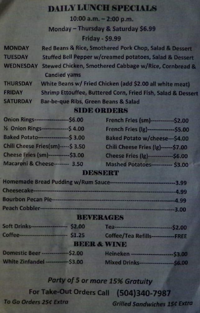 Menu at Frazier's Connection restaurant, Marrero