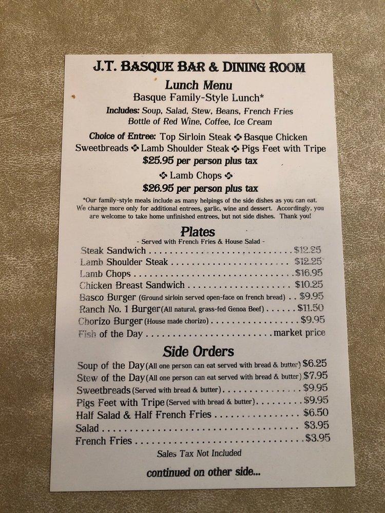 Menu at J T Basque Bar & Dining Room, Gardnerville