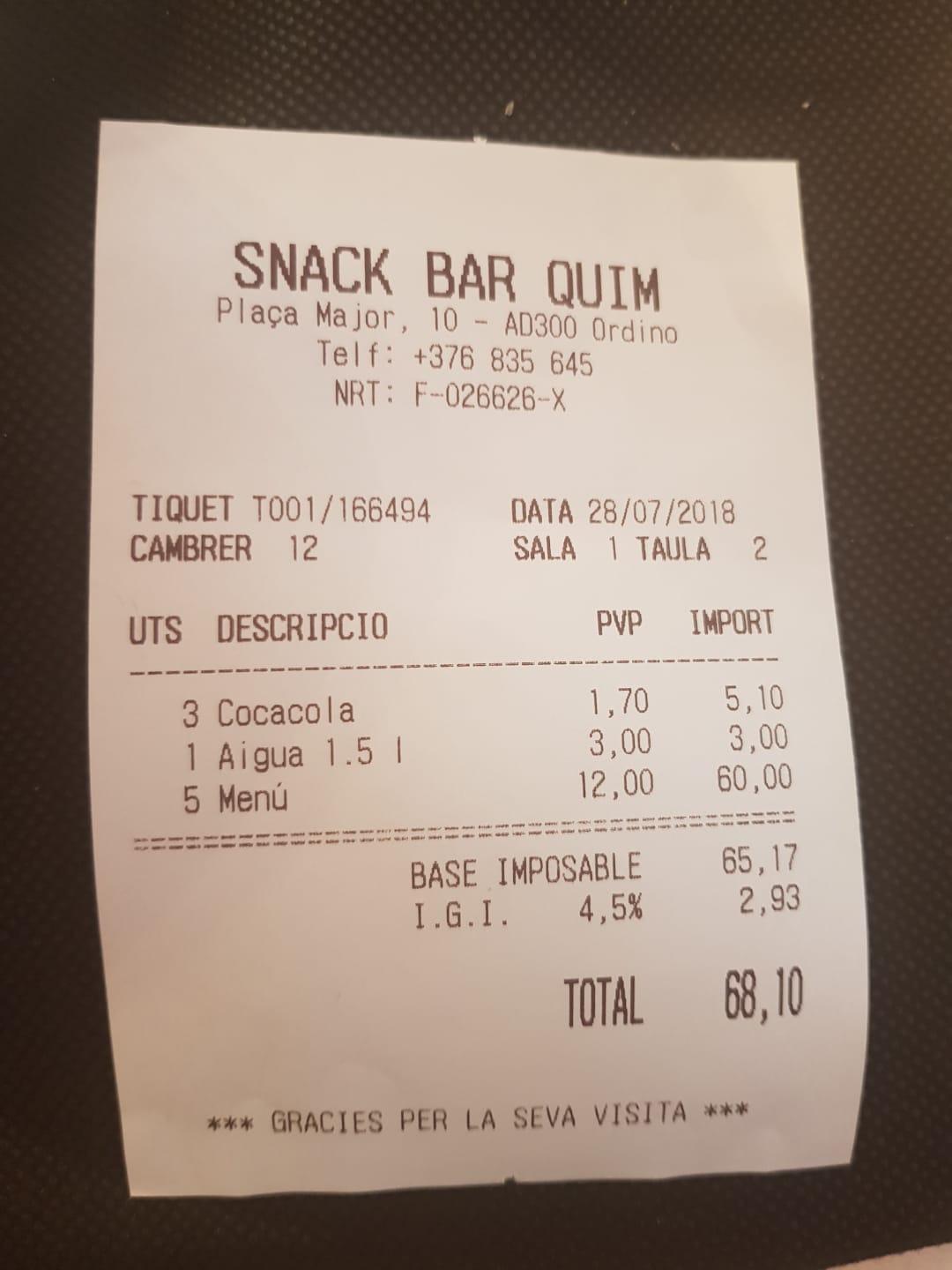 Speisekarte von Bar Quim, Ordino