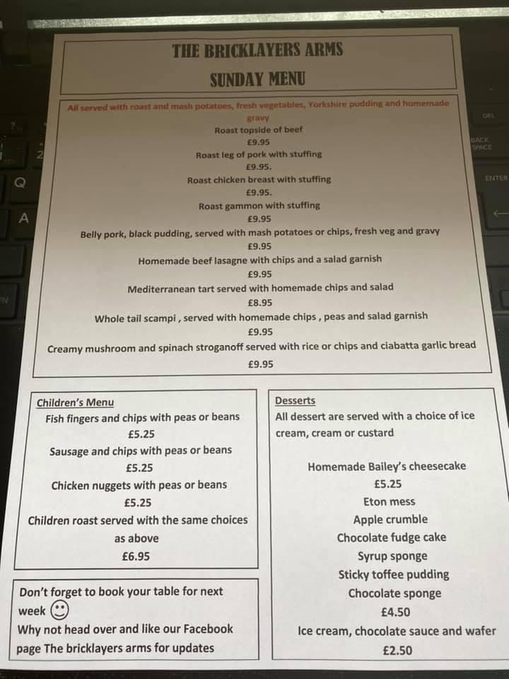 Menu at The Bricklayers Arms pub & bar, Shrewsbury, The Bricklayers Arms
