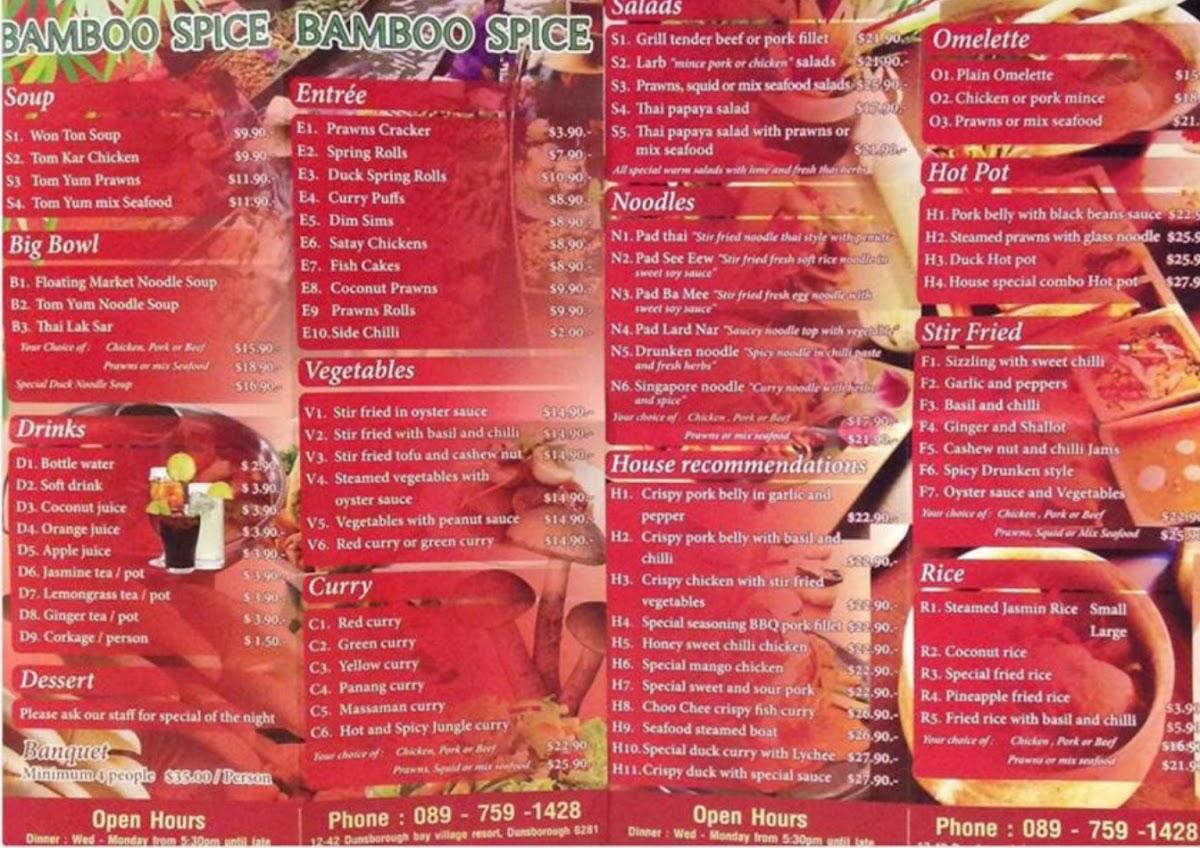 Menu at Bamboo Spice Dunsborough restaurant, Dunsborough