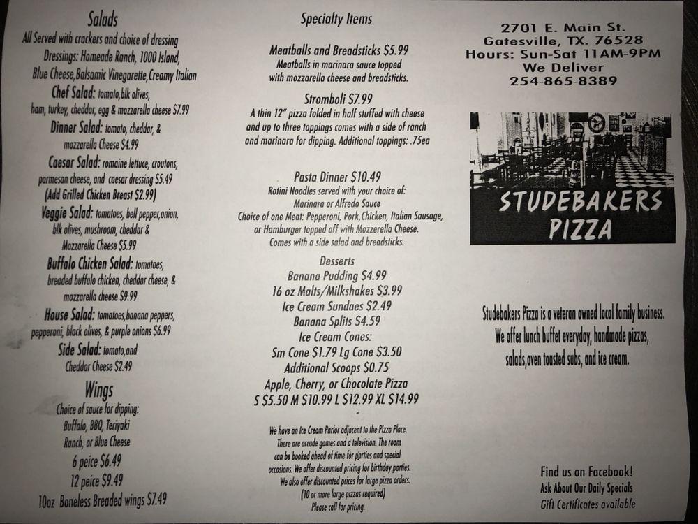 Menu at Studebakers Pizza pizzeria, Gatesville