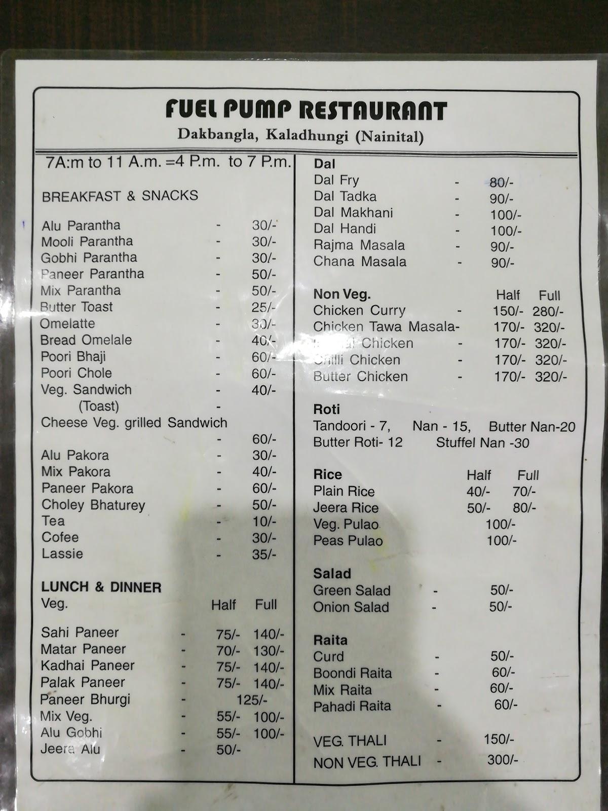 Menu at Fuel Pump Restaurant, Kaladhungi