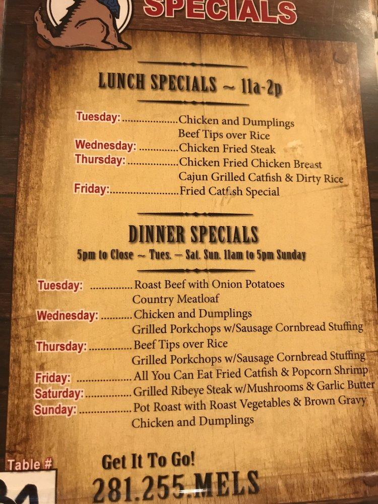 Menu at Mel's Country Cafe, Tomball