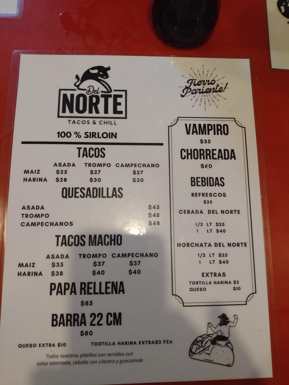 Menu at Del Norte Tacos and Chill restaurant, San Miguel de Cozumel