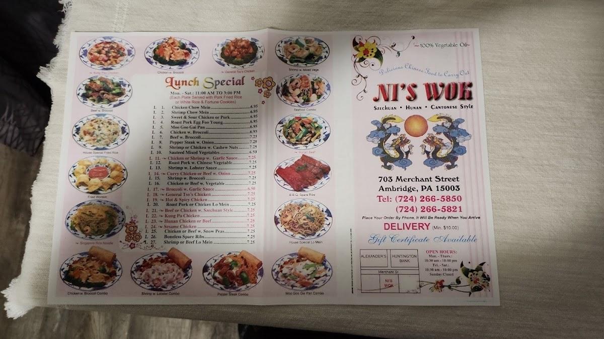 Menu at Ni's Wok restaurant, Ambridge