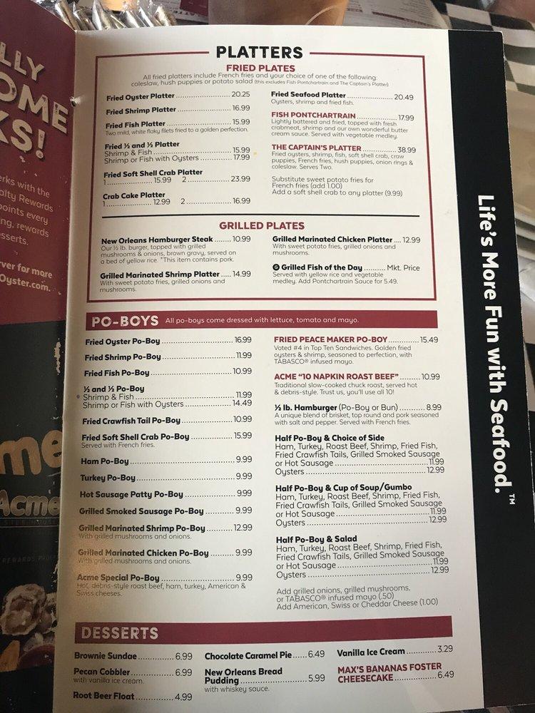 Menu at Acme Oyster House restaurant, Metairie, Veterans Blvd