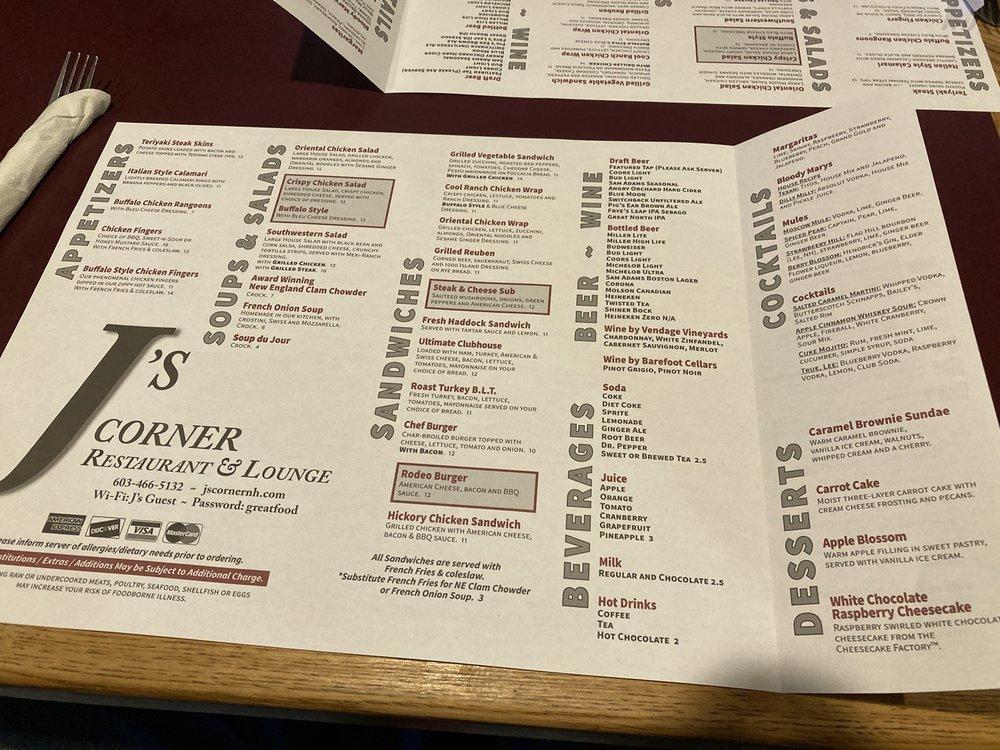 Menu at J's Corner Restaurant & Lounge, Gorham