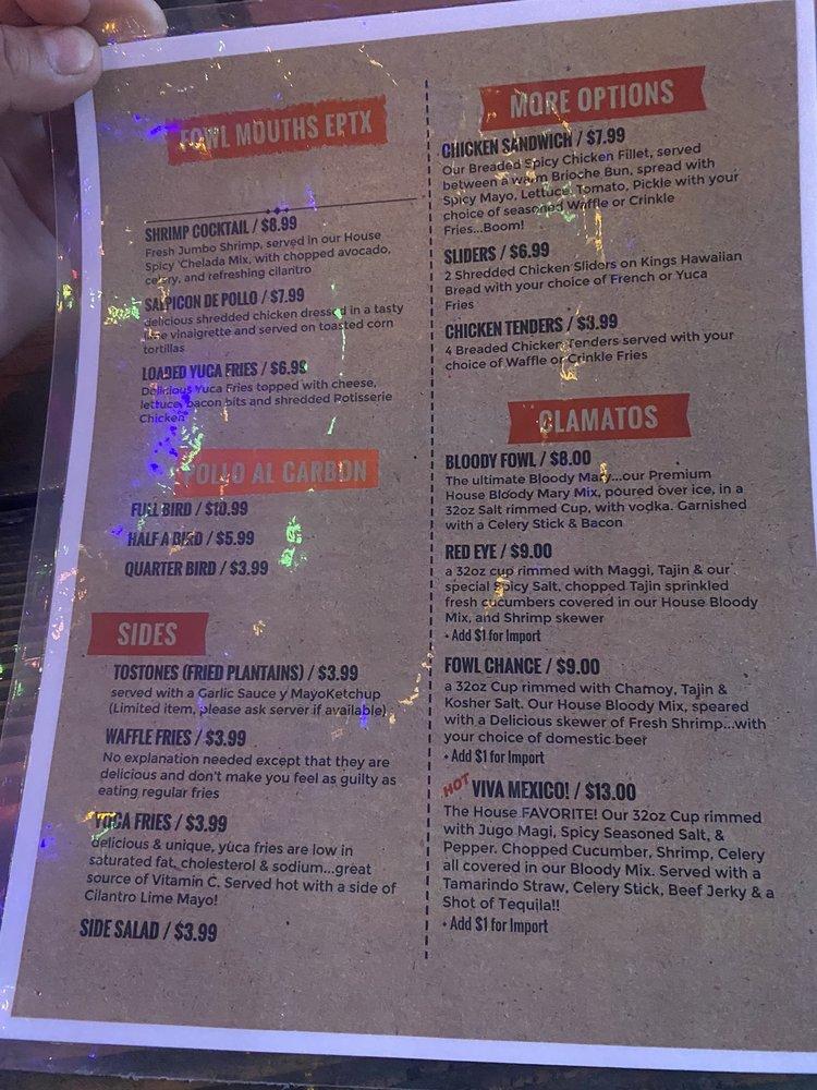 Menu at fowl mouths eptx pub & bar, El Paso