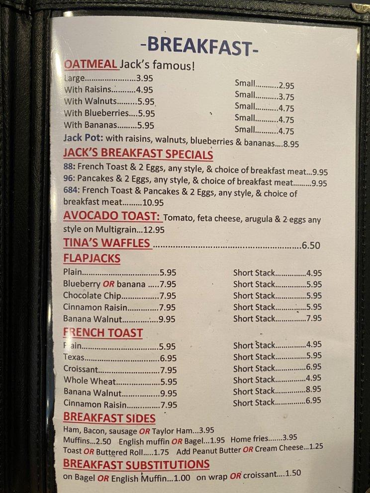 Menu at Jack's Cafe, Verona