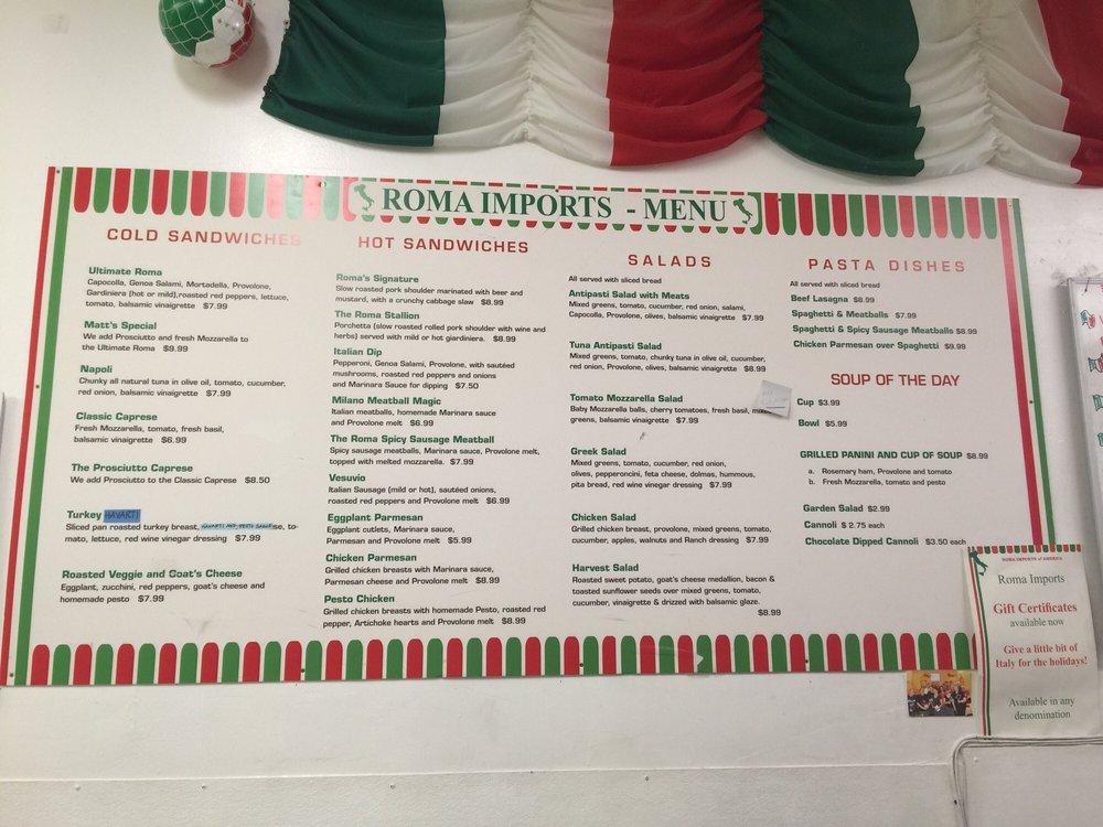 Menu at Roma Imports restaurant, Tucson
