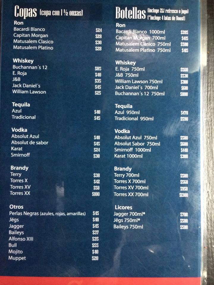 Menu at Suga Bar, Mexico City