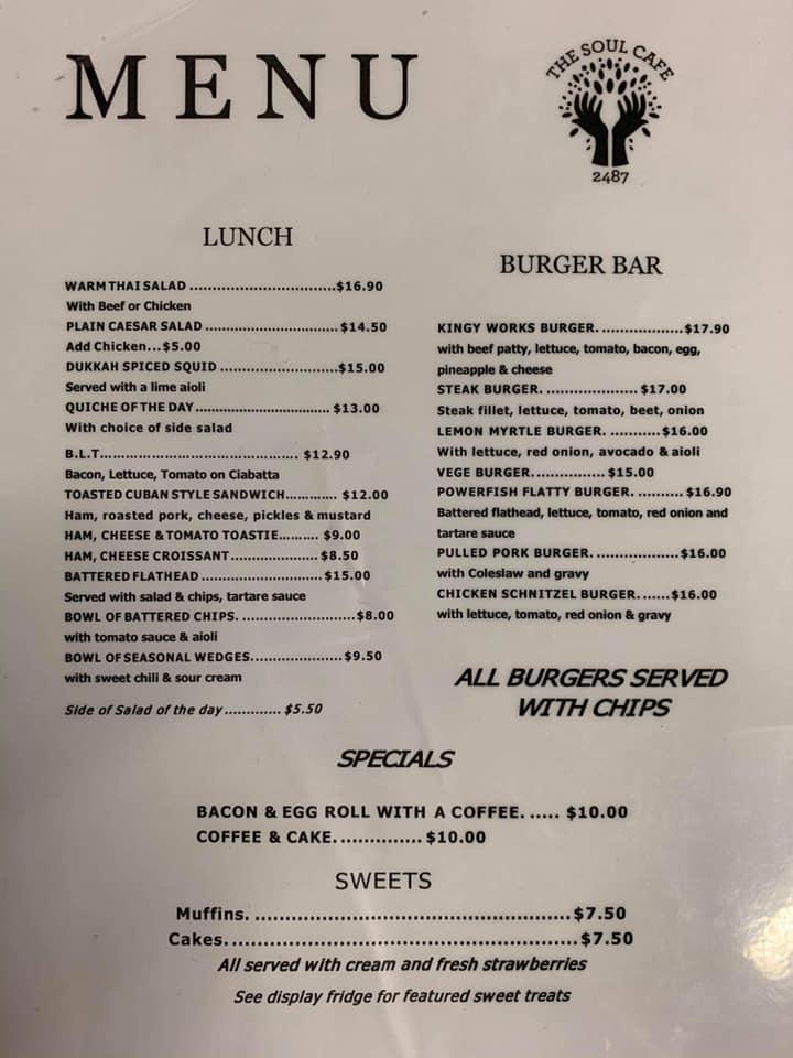 Menu at The Soul Cafe 2487, Kingscliff