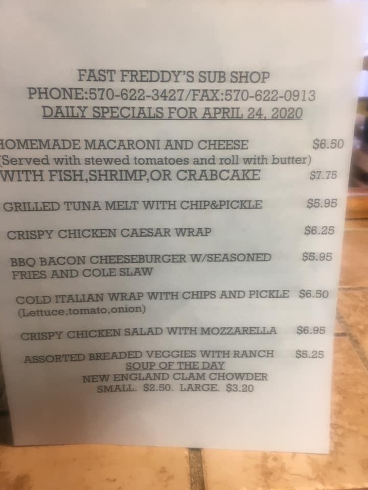 Menu at Fast Freddy's pizzeria, Pottsville