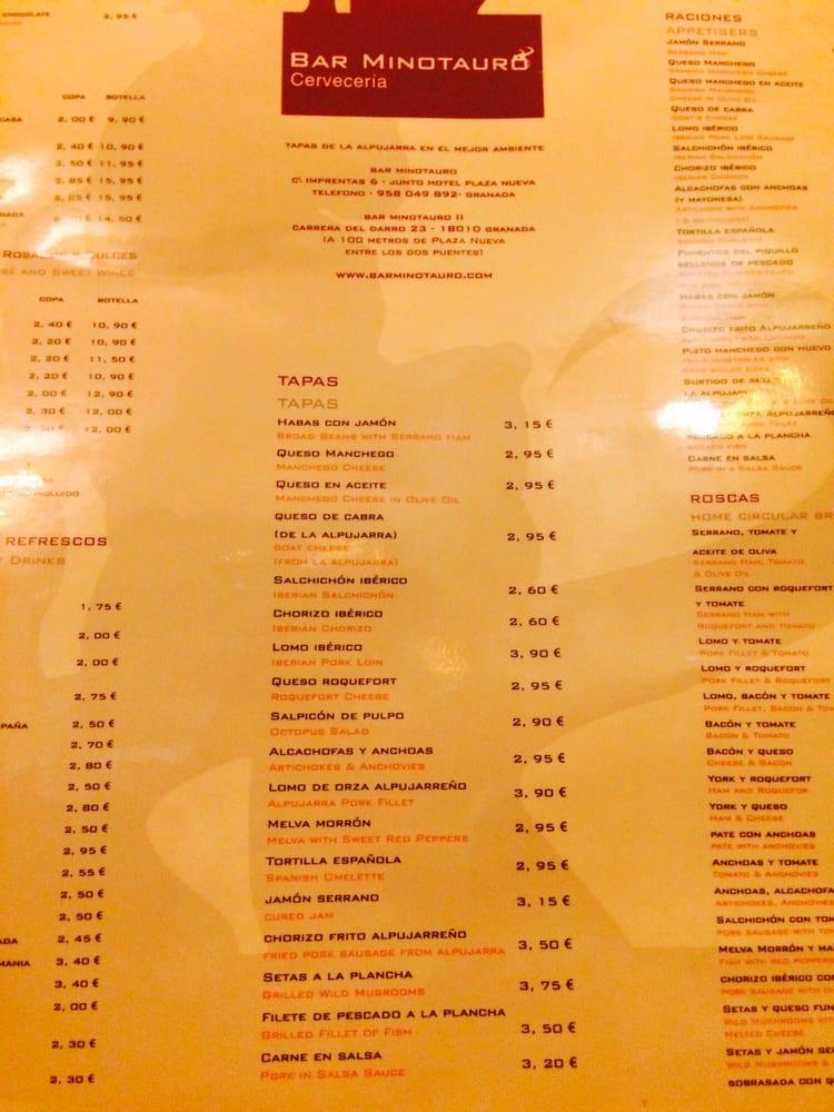 Carta de Bar Minotauro Café y Tapas, Granada