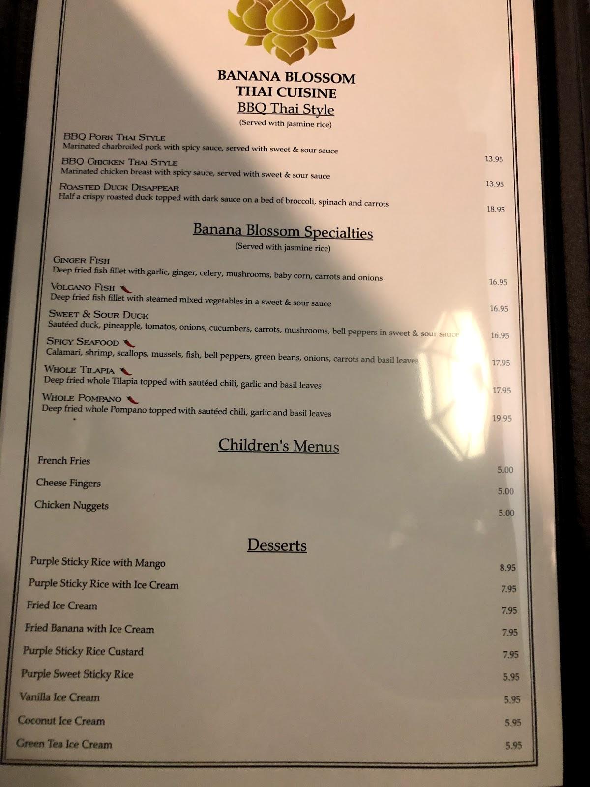 Menu at Banana Blossom Thai Cuisine restaurant, St.