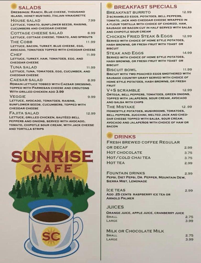 Menu at Sunrise Cafe, Lake of the Pines