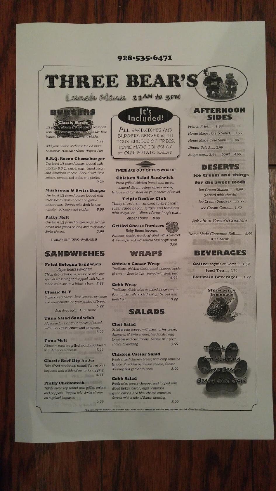 Menu At Three Bears Cafe Heber Overgaard