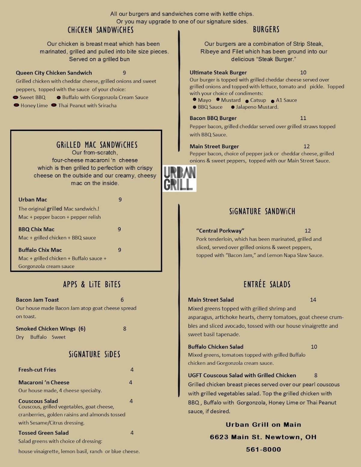 Menu at Urban Grill on Main cafe, Newtown, Main St