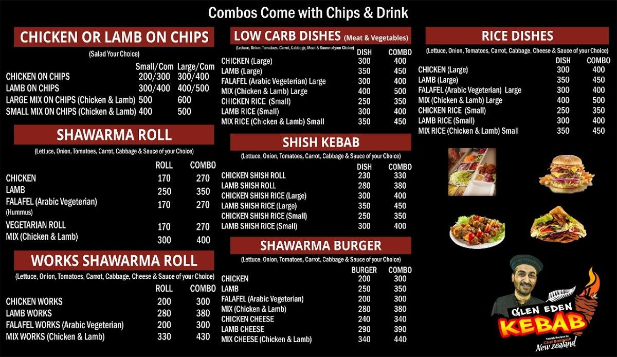 Menu at Glen Eden Kebab restaurant, Auckland
