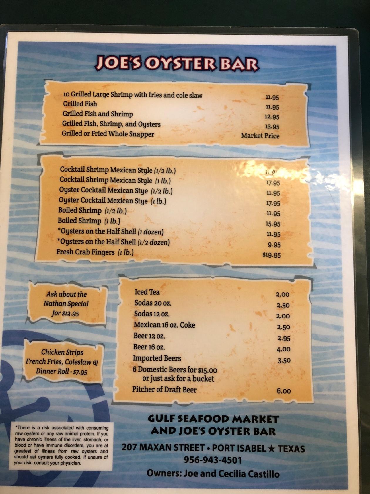 Menu at Joe's Oyster Bar, Port Isabel