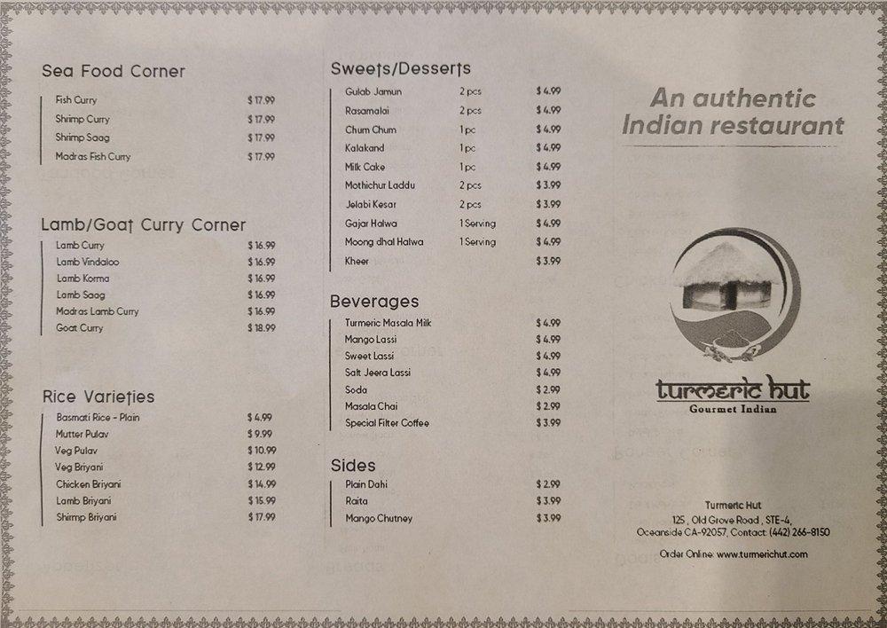 Menu at Turmeric Hut desserts, Oceanside