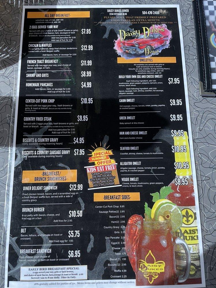 Menu at Daisy Dukes Diner Kenner restaurant, Kenner