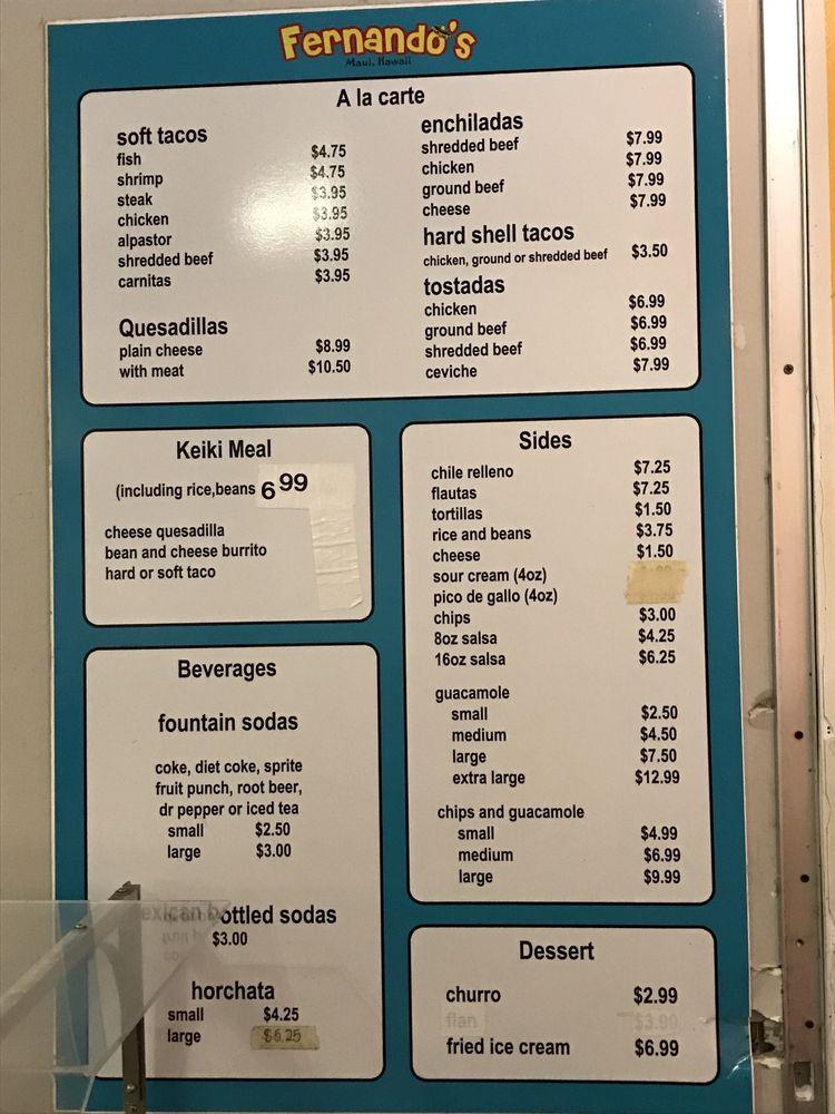 Menu at Fernandos restaurant, Kahului