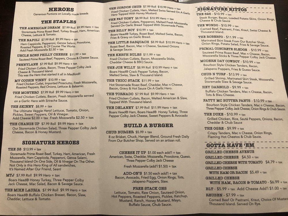 Menu at Chubs Burgers Burritos and Heroes restaurant, Farmingville