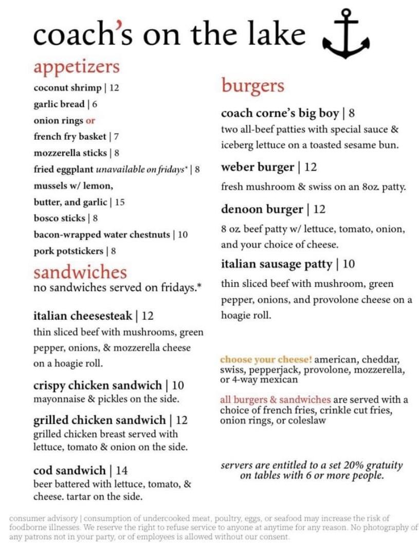 Menu at Coach's on the Lake restaurant, Muskego