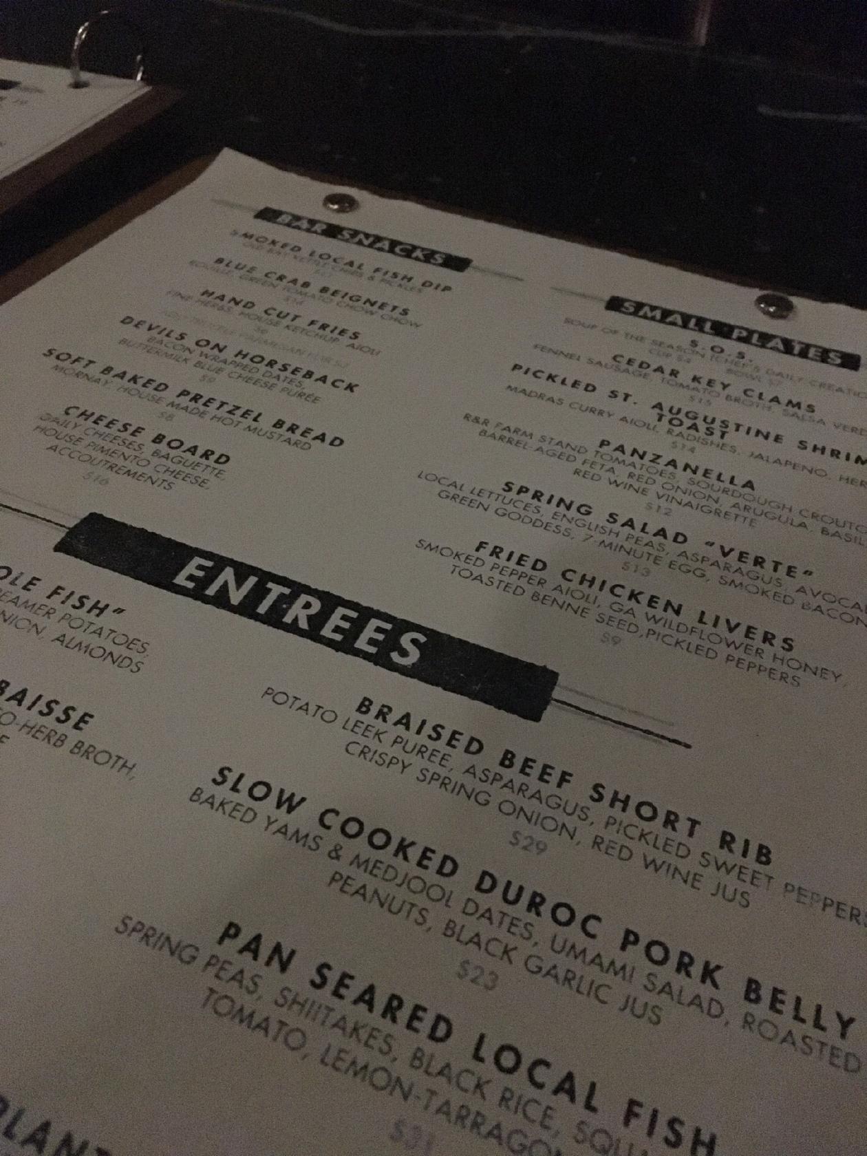 Menu at Ice Plant Bar, St. Augustine