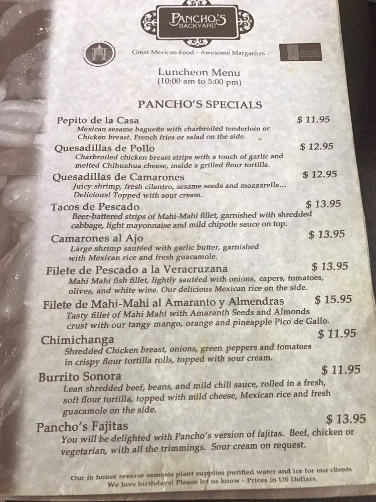 Menu at Pancho's Backyard Puerta Maya pub & bar, San Miguel de Cozumel