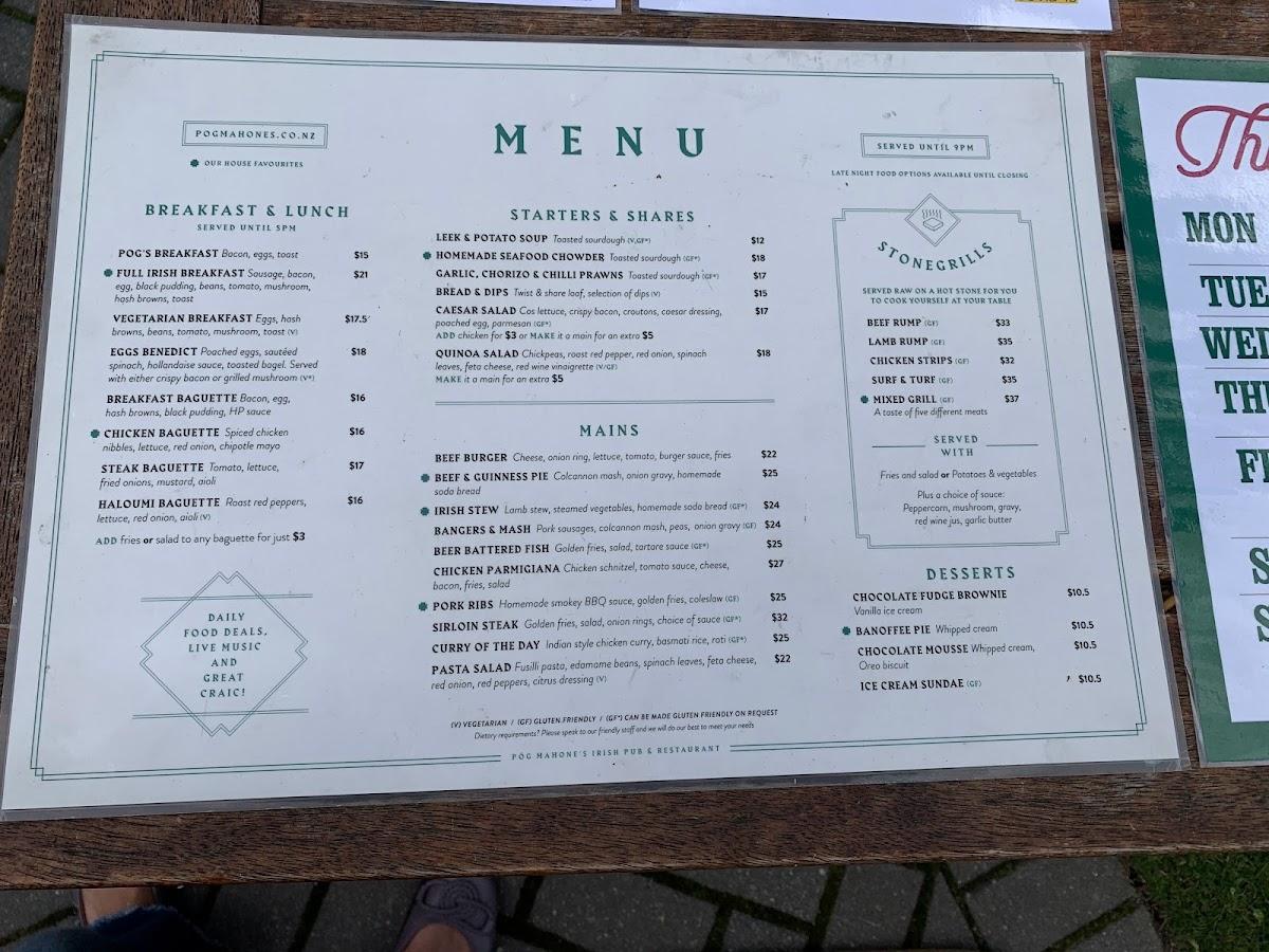 Menu at Pog Mahones Irish Pub & Restaurant, Queenstown