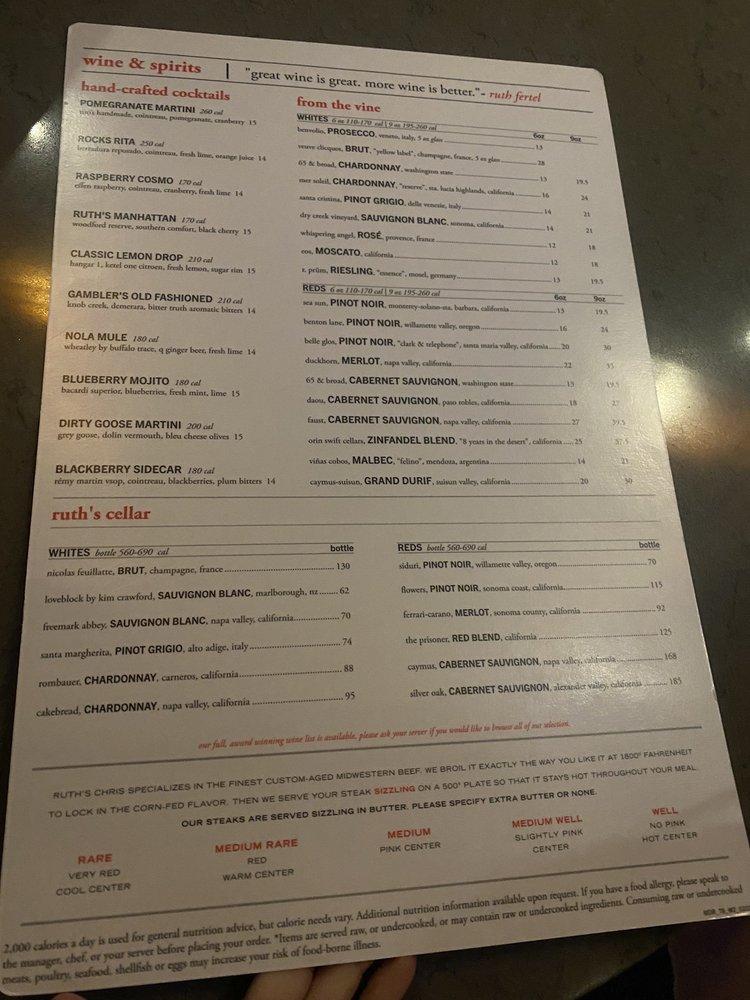 Menu at Ruth's Chris Steak House pub & bar, Cherokee