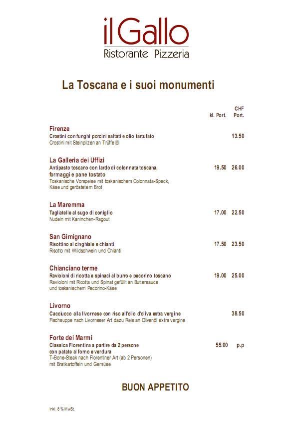 Menu da Il Gallo, Zurigo