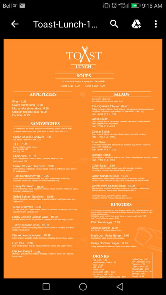 Menu at TOAST restaurant, Windsor