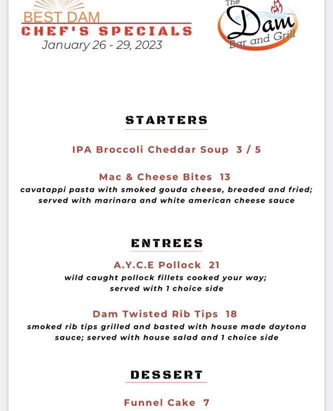 Menu at The Dam Bar & Grill, Lowell