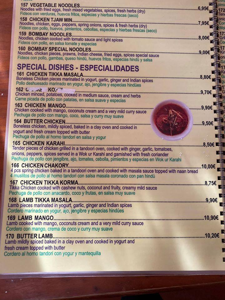 Carta de Bombay Spice Indian Restaurant & Take Away, El Chaparral