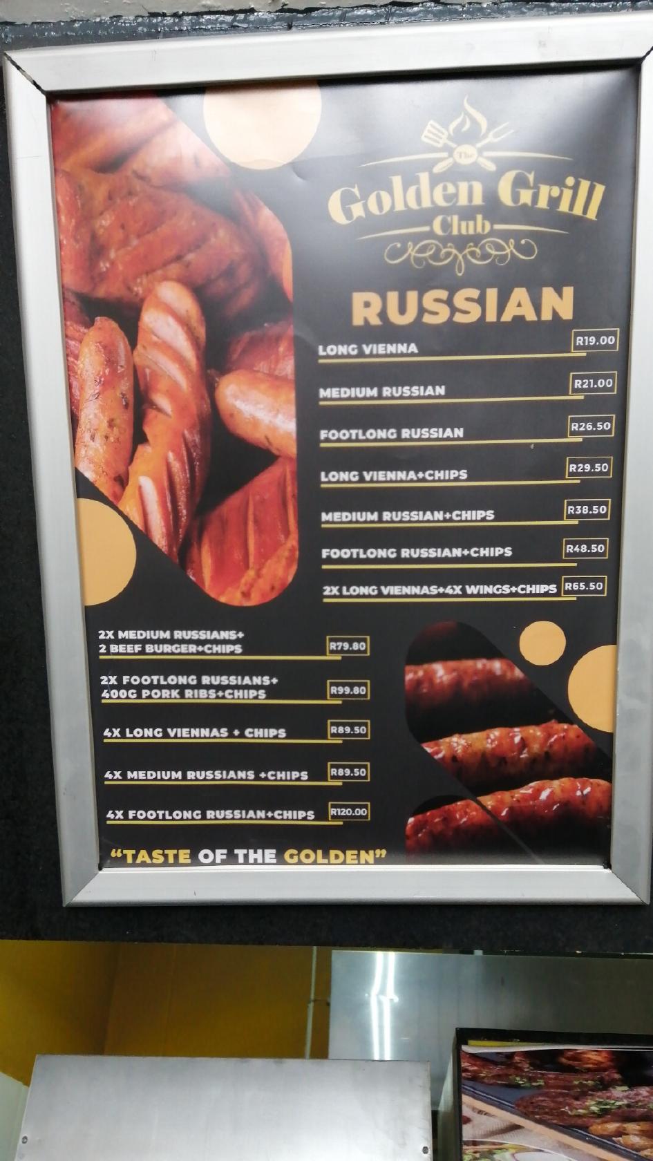 Menu at Golden Grill club, Pretoria