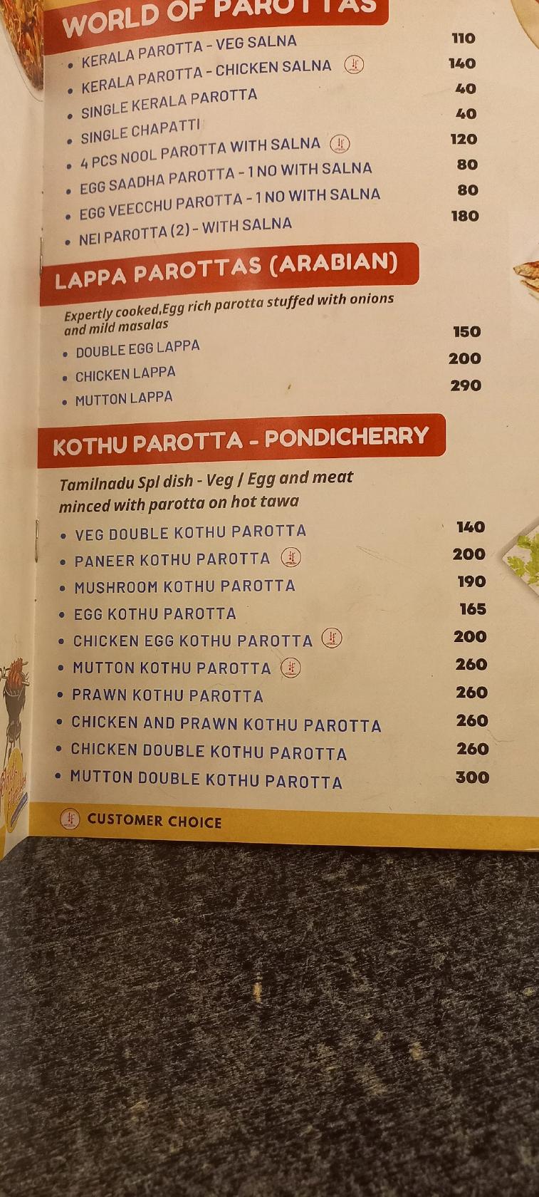 Menu at Pondy Parottas Manikonda, Hyderabad