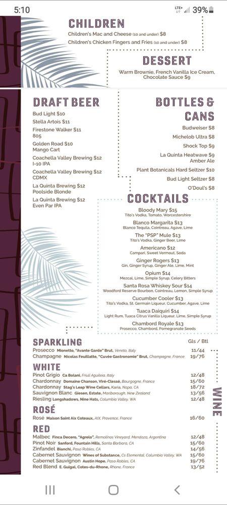 Menu at Santa Rosa Kitchen and Spirits restaurant, Palm Springs