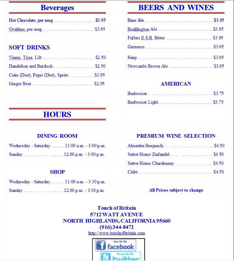 Menu at Touch of Britain restaurant, North Highlands