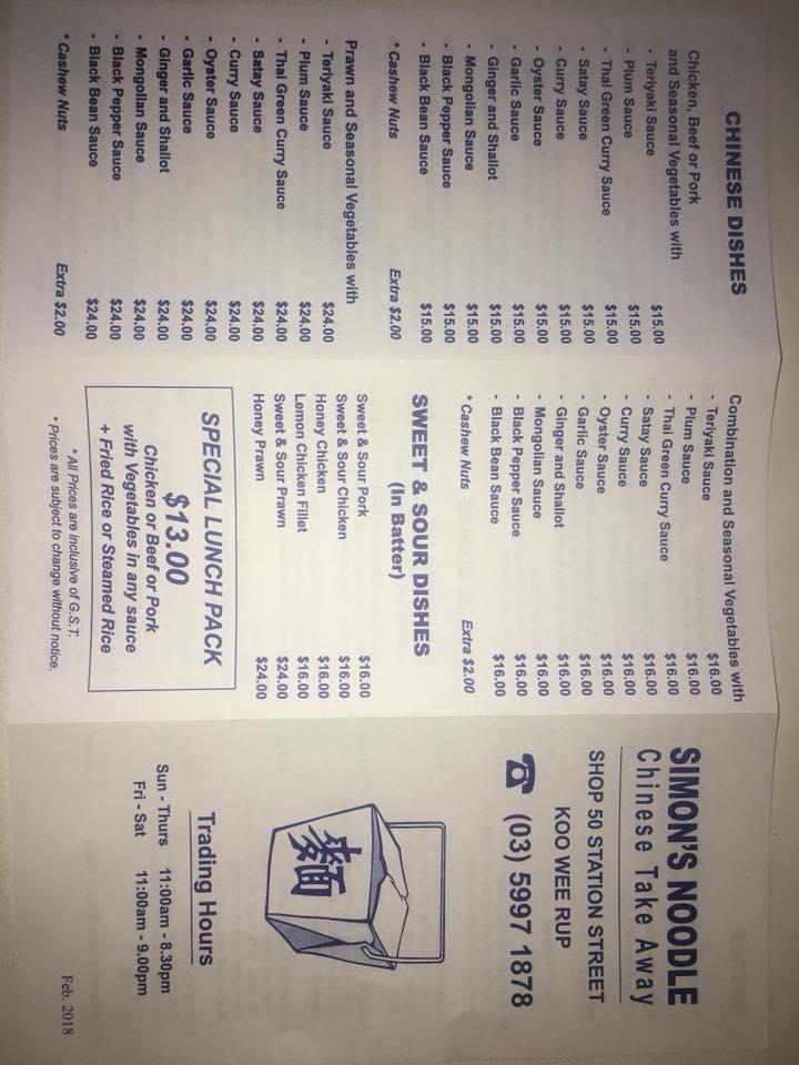 Carta del restaurante Simons noodle, Koo Wee Rup