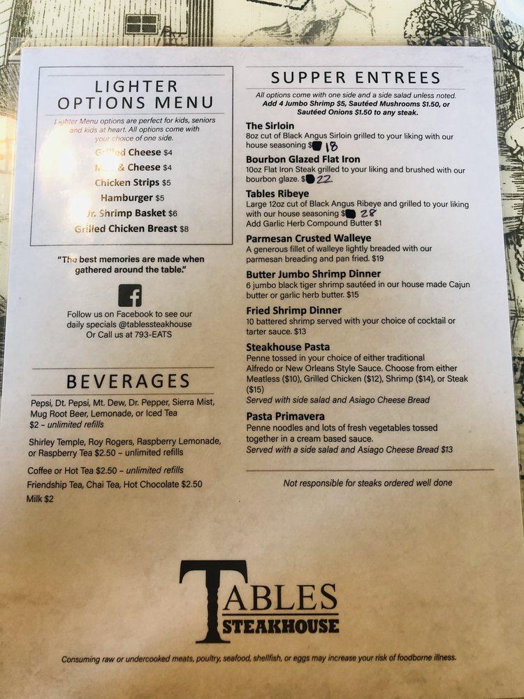 Menu at Tables Steakhouse, Castlewood