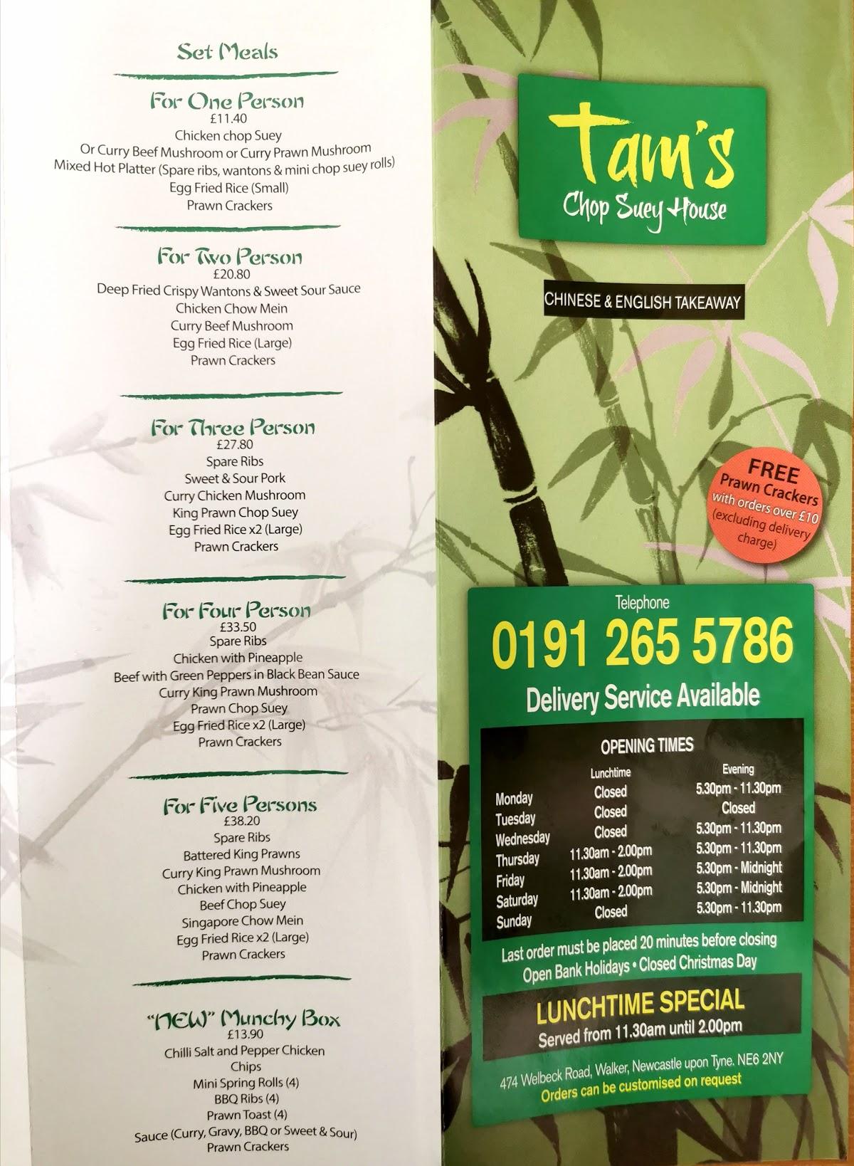 Menu at Tam's Chop Suey House fast food, Newcastle upon Tyne